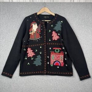 Vintage All Points Sweater Womens M Black Christmas Santa Tree Cardigan Granny